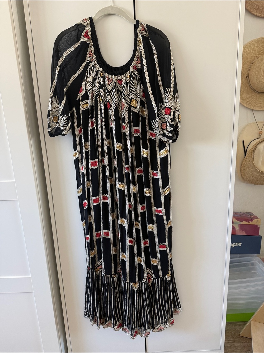 Carolina K / Embellished Black Sequin Midi Dress with Gold & Red Accents